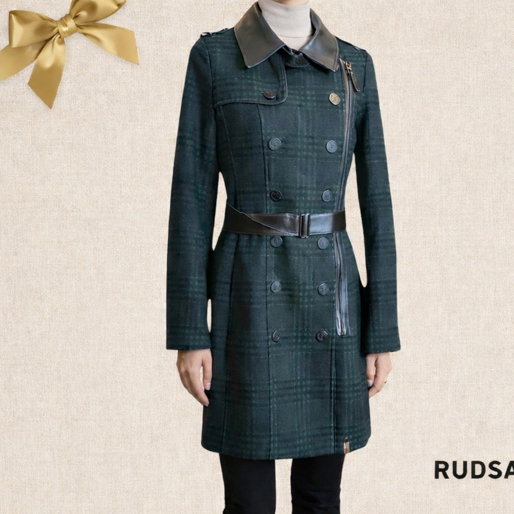 Rudsak Jane Plaid Wool Blend Coat Leather Trim Belt Double Breasted Size Medium